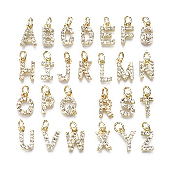 Brass Micro Pave Clear Cubic Zirconia Charms, with Jump Rings, Real 18K Gold Plated, Cadmium Free & Nickel Free & Lead Free, Alphabet, Letter A~Z, 11~12x5.5~9x2.5mm, Hole: 3mm
