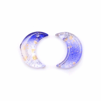 Glass Pendants, with Glitter Powder, Crescent Moon Charms, Blue, 16x11.5x3.2mm, Hole: 1.2mm