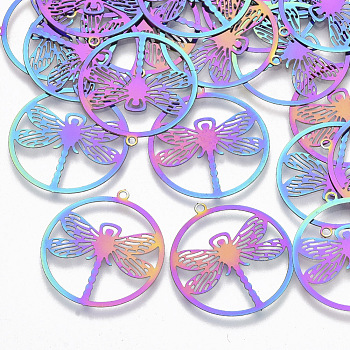Ion Plating(IP) 201 Stainless Steel Filigree Pendants, Etched Metal Embellishments, Flat Round with Dragonfly, Rainbow Color, 27x24.5x0.3mm, Hole: 1.2mm