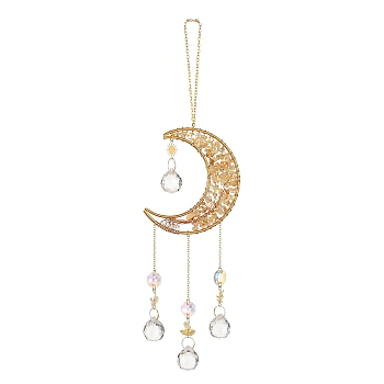 Natural Citrine Chip & Brass Moon Hanging Suncatcher Pendant Decoration, Crystal AB Teardrop Glass Prism Pendants, 320x85mm