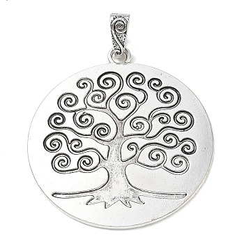 Tibetan Style Alloy Big Pendants, Flat Round with Tree of Life Charms, Antique Silver, 76x66x2mm, Hole: 12x5mm