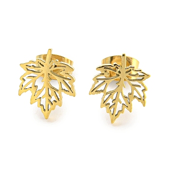 Hollow Out Maple Leaf 304 Stainless Steel Stud Earrings, Golden, 12x9.7mm