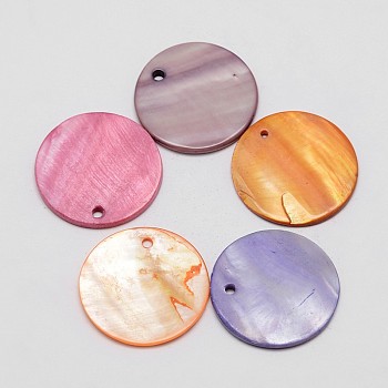 Dyed Natural Flat Round Shell Pendant, Mixed Color, 30x2mm, Hole: 2mm