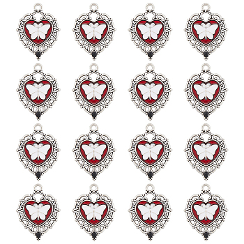 24Pcs Alloy Enamel Pendants, with Rhinestone, Heart with Butterfly Charm, Antique Silver, 33.5x26x3mm, Hole: 2.8mm