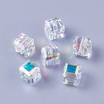 Imitation Austrian Crystal Beads, K9 Glass, Cube, Faceted, Clear AB, 6x6x6mm, Hole: 1.6mm