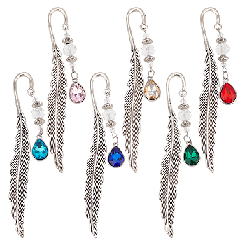 Glass Teardrop Birthstone Pendant Bookmarks, Alloy Feather Bookmark, Mixed Color, 115mm, 6 colors, 1pc/color, 6pcs/set