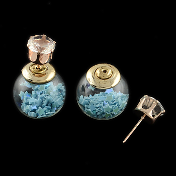 Girl's Double Sided Glass Ball Stud Earrings, with Star Paillette Beads inside, Rhinestones and Golden Iron Pins, Light Sky Blue, 16mm, 8mm, Pin: 0.7mm
