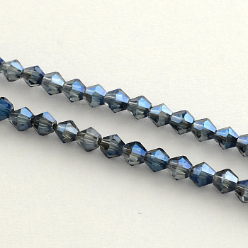 Electroplate Glass Bead Strands, Rainbow Plated, Faceted Bicone, Marine Blue, 4x4.5mm, Hole: 1mm, about 92~96pcs/strand, 13.78~14.37 inch