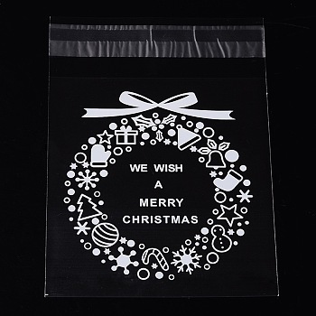 Rectangle OPP Cellophane Bags for Christmas, with Wreath Pattern, Clear, 14x9.9cm, Unilateral Thickness: 0.035mm, Inner Measure: 11x9.9cm, about 95~100pcs/bag