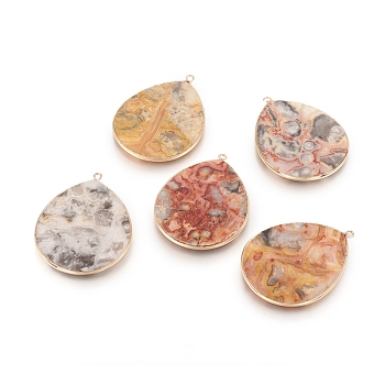 Natural Crazy Agate Pendants, with Brass Findings, Teardrop, Golden, 41~41.5x32x2mm, Hole: 1.5mm