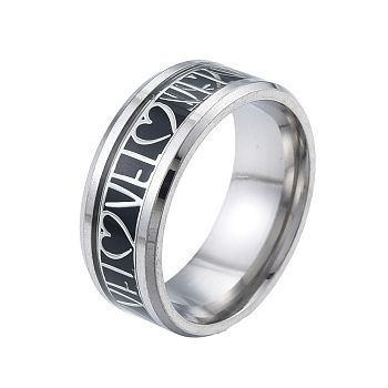 Two Tone 201 Stainless Steel Word Love Finger Ring for Women, Electrophoresis Black & Stainless Steel Color, Inner Diameter: 17mm