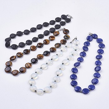 Natural & Synthetic Mixed Stone Beaded Necklaces, with Non-Magnetic Synthetic Hematite Beads & Platinum Plated Brass Lobster Claw Clasps, Flat Round, 16.9 inch(43cm)