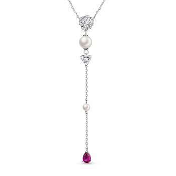 TINYSAND Rose 925 Sterling Silver Cubic Zirconia Cascading Pendant Necklaces, with Shell Pearl Beads, Silver, 18.09 inch