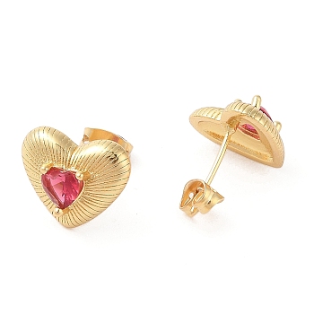 Rack Plating Brass with Cubic Zirconia Stud Earrings for Women, Cadmium Free & Lead Free, Long-Lasting Plated, Real 18K Gold Plated, Heart, Cerise, 12x14mm