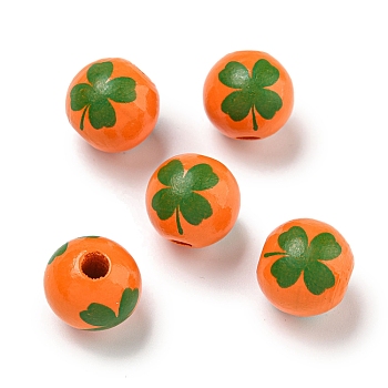 Printed Wood European Beads, Saint Patrick's Day Beads, Round with Clover Pattern, Coral, 15.5~16mm, Hole: 4~4.5mm