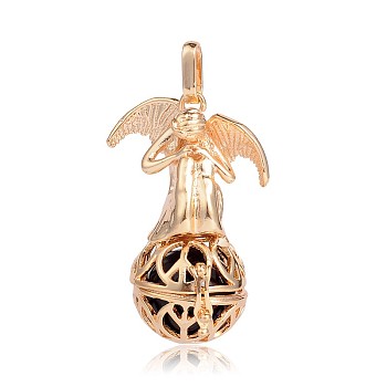Golden Plated Brass Hollow Round Cage Pendants, with No Hole Spray Painted Brass Round Beads, Angel, Black, 44x29x20mm, Hole: 3x8mm