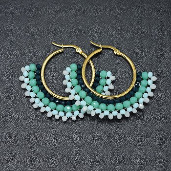 304 Stainless Steel Hoop Earrings, Beaded Hoop Earrings, with Glass Beads, Fan, Golden, Turquoise, 40.5~42x48~48.5x4mm