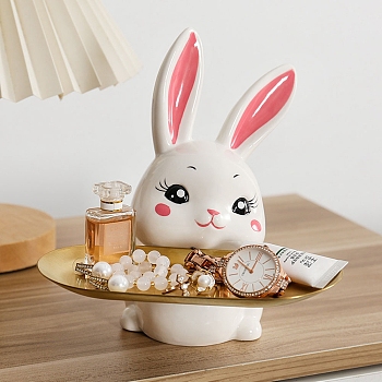 Ceramic Rabbit Tray Figurines, Entrance Jewelry Key Storage for Home Desktop Decoration, White, 175x90x171mm