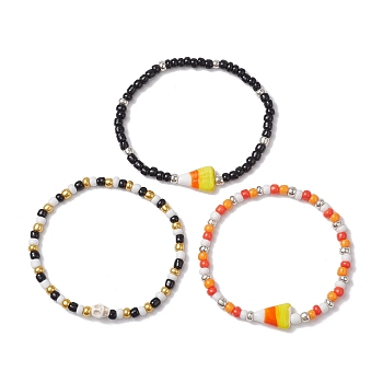 3Pcs 3 Styles Halloween Skull & Candy Corn Acrylic and Synthetic Magnesite Bracelet Sets, Stackable Glass Seed Beaded Stretch Bracelets for Women, Mixed Color, Inner Diameter: 2 inch(5.2cm), 1pc/style