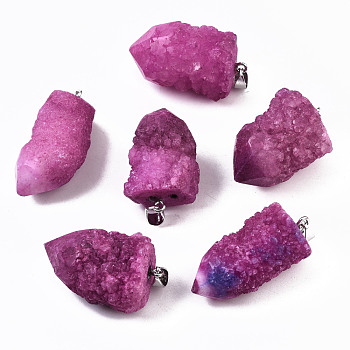 Rough Raw Electroplate Natural Druzy Agate Pendants, with Platinum Tone Iron Pinch Bail, Dyed, Nuggets, Old Rose, 32~40x21~25x18~21mm, Hole: 7x4mm