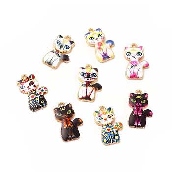 Rack Plating Alloy Pendants, Printed, Lead Free & Cadmium Free & Nickel Free, Cat Charm, Light Gold, Mixed Color, 23x14x2mm, Hole: 1.6mm
