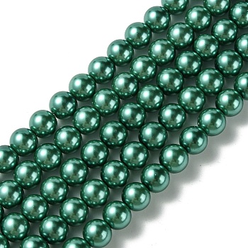 Eco-Friendly Dyed  Glass Pearl Round Bead Strands, Cotton Cord Threaded, Dark Cyan, 8mm, Hole: 0.7~1.1mm, about 52pcs/strand, 15 inch