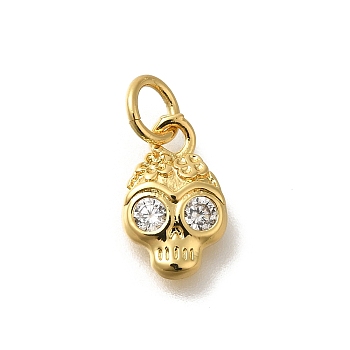 Rack Plating Brass with Cubic Zirconia Pendants, Long-Lasting Plated, Lead Free & Cadmium Free, Skull Charms, with Jump Ring, Real 18K Gold Plated, 11x7x2.5mm, Hole: 3mm