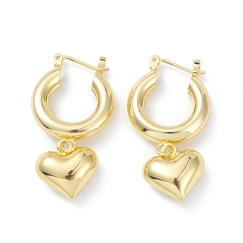Brass Heart Dangle Hoop Earrings for Women, Real 18K Gold Plated, 40mm, Pin: 0.8mm