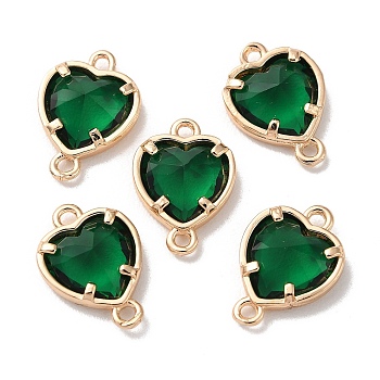 K9 Glass Connector Charms, Heart Links with Golden Tone Brass Findings, Emerald, 14x10x4.5mm, Hole: 1.2mm