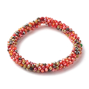 Bling Glass Beads Braided Stretch Bracelet, Crochet Glass Beads Nepal Bracelet for Women, Red, Inner Diameter: 1-7/8 inch(4.8cm)
