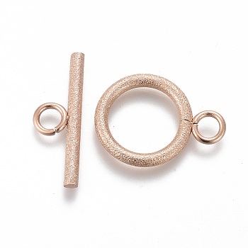 Ion Plating(IP) 304 Stainless Steel Toggle Clasps, for DIY Jewelry Making, Textured, Ring, Rose Gold, Bar: 7x20x2mm, Hole: 3mm, Ring: 19x14x2mm, Hole: 3mm