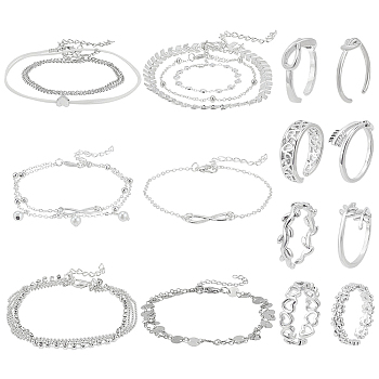 17Pcs 17 Style Heart & Leaf & Flower & Infinity Jewelry Set, Alloy Chains & Imitation Pearl Anklet & Brass Open Cuff Toe Rings for Women, Platinum, Anklet: 205~475mm, Ring: 13~15.5mm Inner Diameter