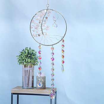 Glass Teardrop Pendant Decorations, Natural Rose Quartz Chips Tree of Life Hanging Suncatchers, with Metal Findings and Octagon Glass Link, for Home Ornaments, 150mm