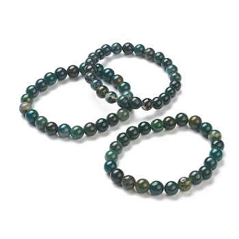 Natural Moss Agate Beaded Stretch Bracelets, Round, Beads: 8~8.5mm, Inner Diameter: 2-1/8 inch(5.5cm)