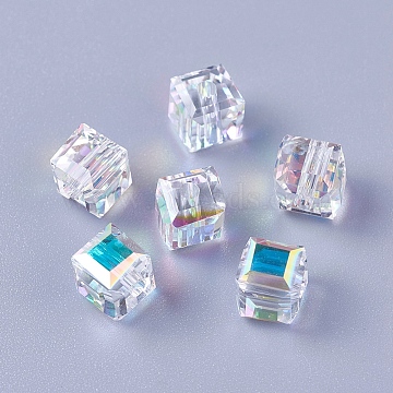 Imitation Austrian Crystal Beads, K9 Glass, Cube, Faceted, Clear AB, 6x6x6mm, Hole: 1.6mm(X-SWAR-O001-04B)