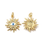 Rack Plating Brass Micro Pave Cubic Zirconia Pendants, with Jump Rings & Enamel, Long-Lasting Plated, Lead Free & Cadmium Free, Sun with Evil Eye Charm, Golden, 20x17x2.5mm, Hole: 3.5mm(KK-A177-29G)