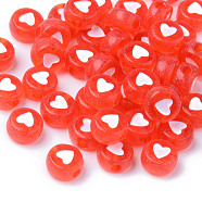 Transparent Acrylic Beads, Flat Round with White Heart, Red, 7x3.5mm, Hole: 1.8mm, about 370pcs/50g(X-TACR-S150-05A-06)