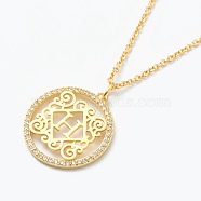 Brass Micro Pave Clear Cubic Zirconia Pendant Necklaces, Flat Round with Letter, Real 18K Gold Plated, Letter.H, 16.14~17.20 inch(41~43.7cm)(NJEW-E153-01H)