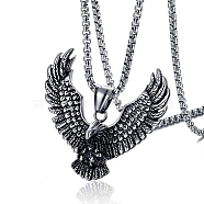 Eagle Stainless Steel Pendant Necklaces, Box Chain Necklace for Men, Antique Silver, 23.62 inch(60cm), pendant: 42x48mm(PW-WG30879-01)