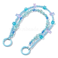 Acrylic Fish Beaded Mobile Straps, Multifunctional Chain, with Alloy Spring Gate Ring and Glass Beads, Light Sky Blue, 32cm(HJEW-JM01064)