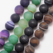 Natural Striped Agate/Banded Agate Bead Strands, Round, Grade A, Frosted, Dyed & Heated, Mixed Color, 10mm, Hole: 1mm, about 37pcs/strand, 15 inch(G-K166-12-10mm)