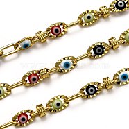 3.28 Feet Handmade Brass Link Chains, with Lampwork, Long-Lasting Plated, Unwelded, Evil Eye, Golden, Link: 9x4.5x1mm and 9.3x6x3.5mm(X-CHC-L039-36G)