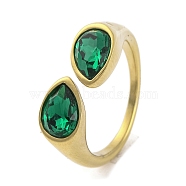 Ion Plating(IP) 304 Stainless Steel Rhinestone Teardrop Cuff Open for Women, Real 14K Gold Plated, Emerald, Inner Diameter: 18mm(RJEW-N046-04A-G)