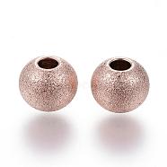 Ion Plating(IP) 201 Stainless Steel Textured Beads, Round, Rose Gold, 8x7mm, Hole: 3mm(STAS-P108-05RG)
