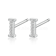 Rhodium Plated 925 Sterling Silver Initial Letter Stud Earrings, with Cubic Zirconia, Platinum, Letter I, 5x5mm(HI8885-09)