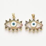 Golden Plated Brass Micro Pave Cubic Zirconia Pendants, with Enamel, Evil Eye, Colorful, 22x23.5x2.5mm, Hole: 3x4mm(ZIRC-T012-14G)