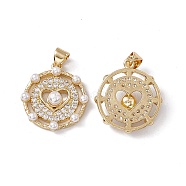Brass Micro Pave Cubic Zirconia Pendants, with ABS Imitation Pearl, Flat Round with Heart Charm, Real 18K Gold Plated, 21.5x19.5x5.5mm, Hole: 5x3.5mm(KK-B061-01G)