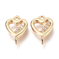 Brass Micro Pave Clear Cubic Zirconia Links Connectors, Long-Lasting Plated, Heart, Real 14K Gold Plated, 11x7.8x2.5mm, Hole: 1mm(ZIRC-H116-04G)