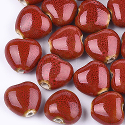 Handmade Porcelain Beads, Fancy Antique Glazed Porcelain, Heart, Dark Red, 14~15x16x9~10mm, Hole: 2mm(PORC-S498-15A-19)