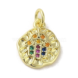 Brass Micro Pave Cubic Zirconia Charms, Real 18K Gold Plated, Hamsa Hand Charms, Colorful, 14x11.5x1.5mm, Hole: 3mm(KK-M283-13D-02)